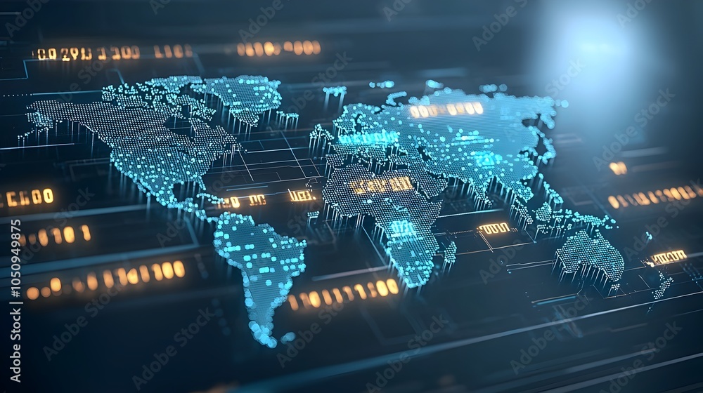 Aufkleber Innovative 3D Polygonal World Map Visualization Over Binary Code Background Representing the Future of Digital Technology and Interactive Mapping