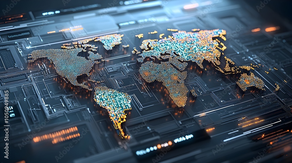 Poster Polygonal 3D world map with glowing lines over binary code reflecting innovation in digital technology and interactive mapping