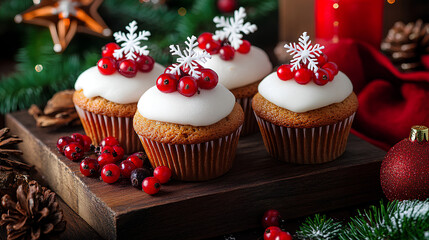 Group of four cupcakes with red berries and white frosting on top. The cupcakes are arranged on a wooden table with a red and white tablecloth