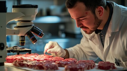 Lab technician examining cultured meat samples under a microscope
