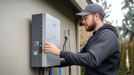 Technician setting up solar inverters for a home solar power installation