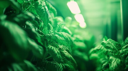 Hydroponic vertical farm with lush green vegetables under LED lights