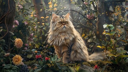 A long-haired, fluffy cat sits thoughtfully amidst a mystical, enchanting forest garden, surrounded by vibrant foliage and glowing flowers, invoking wonder and mystery.
