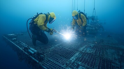 Skilled underwater welder working on critical repairs and maintenance at a state of the art marine research facility with bright sparks and beams of light piercing the deep ocean landscape