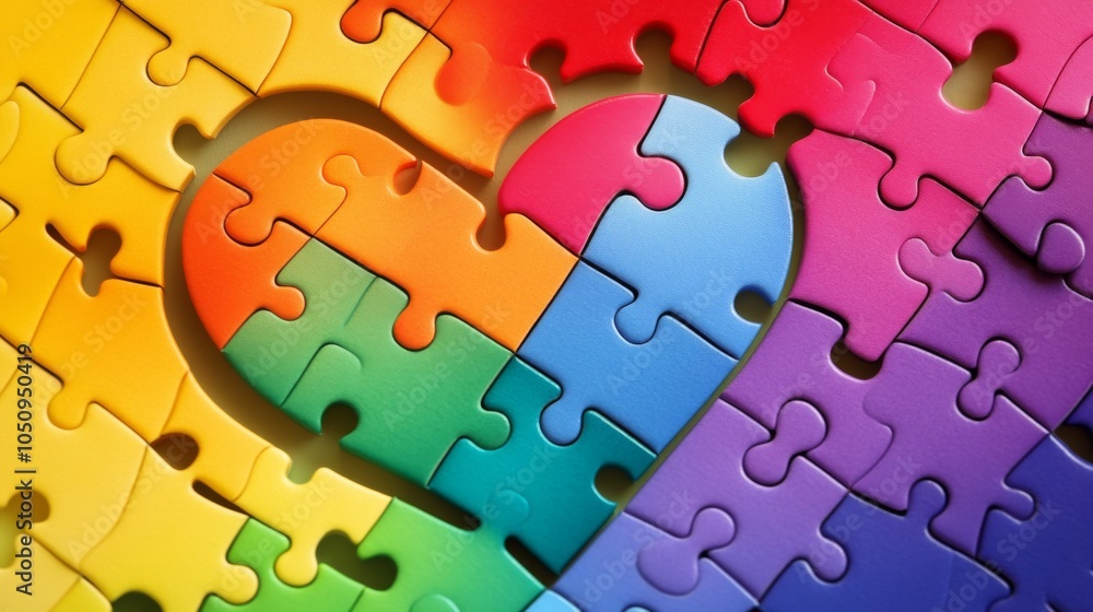 Poster an impactful image of a diverse range of puzzle pieces coming together to form a vibrant heart, symb