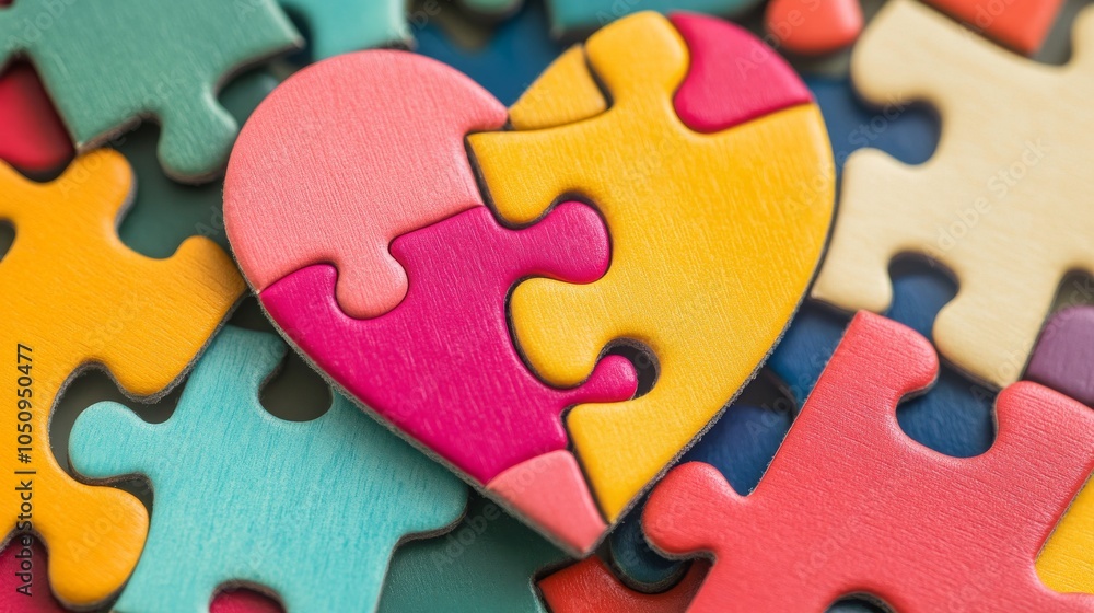 Poster an impactful image of a diverse range of puzzle pieces coming together to form a vibrant heart, symb