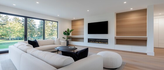 Modern minimalist living room design featuring a cozy sofa and large windows with a view of nature