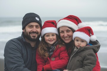 Family portrait on a beach at Christmas wearing Santa hats, capturing joy and togetherness by the ocean