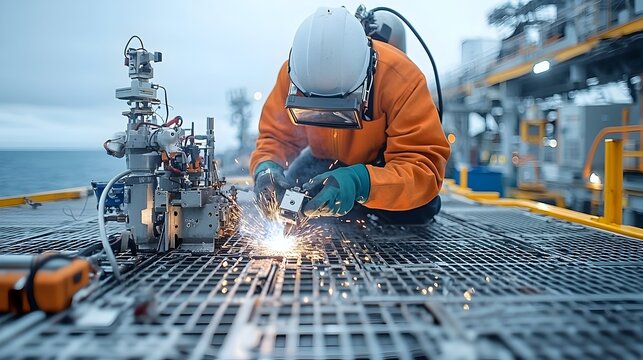 Focused shot of a skilled diver welding a metallic structure with vivid sparks illuminating the deep ocean environment The research facility and vast marine landscape can be seen in the background