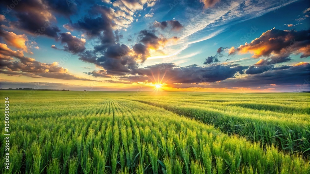 Wall mural vast green wheat field bathed in warm sunlight with a colorful sunset sky in wide-angle view