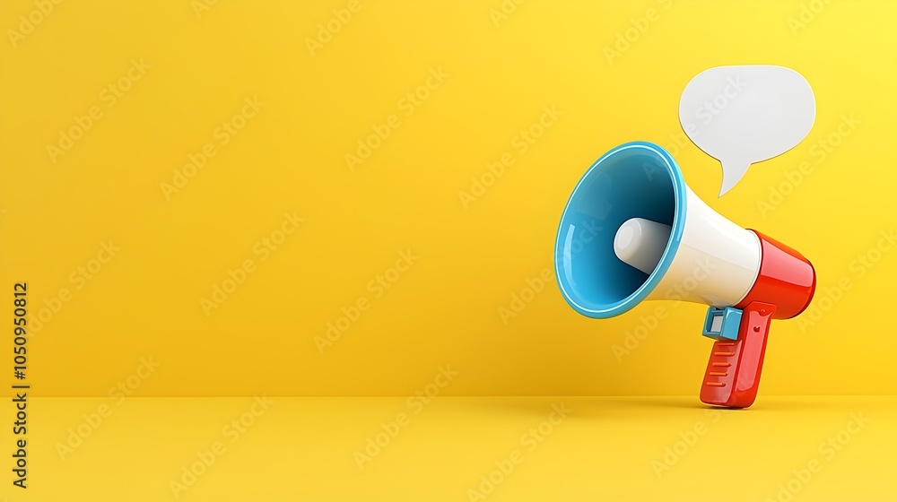 Poster colorful 3d megaphone emitting a speech bubble floating on a clean solid yellow background perfect f