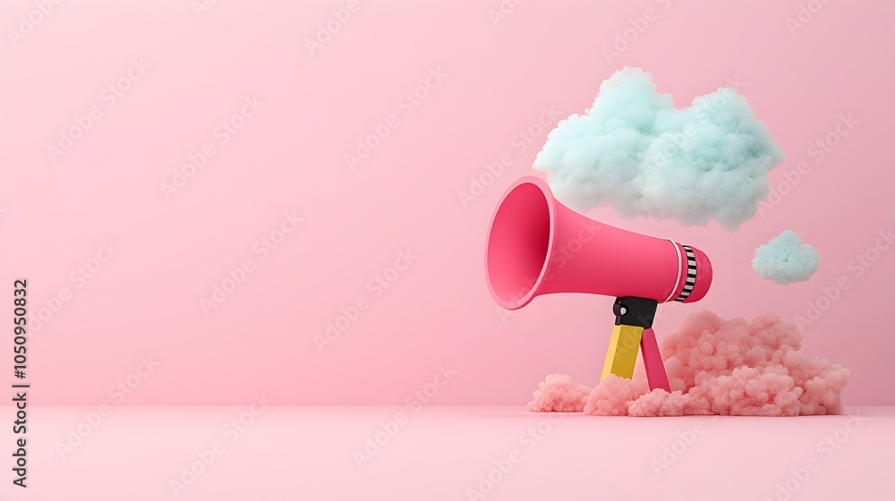 Poster Minimalist 3D rendered design of a megaphone projecting a speech bubble on a solid pastel background ready for use in announcement messaging or other visual communication applications