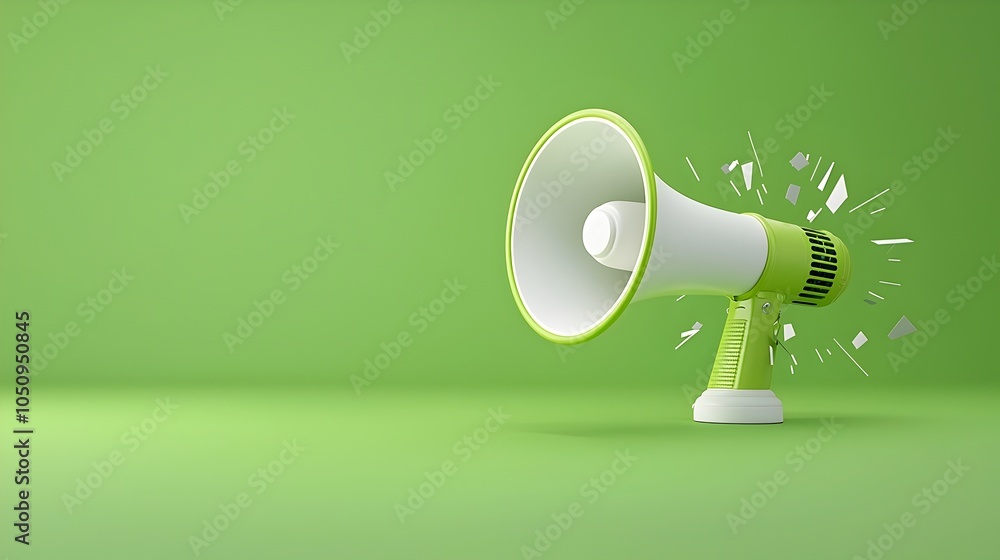 Fototapete Captivating 3D rendering of a modern megaphone and speech bubble floating in a digital space over a solid green background perfect for bold communication visuals marketing campaigns