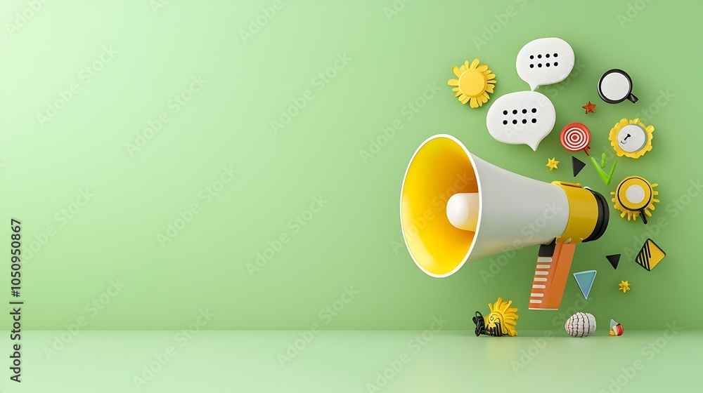 Aufkleber Megaphone and speech bubble icons floating in a modern 3D space backdrop creating a bold and dynamic visual representation for communication marketing and multimedia design concepts