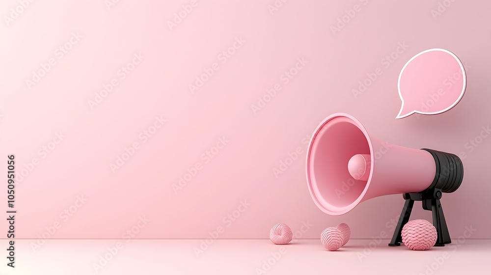 Poster Striking 3D digital of a bold and oversized megaphone with a large speech bubble floating against a solid pink background creating a dynamic visual for announcements alerts or promotional messaging