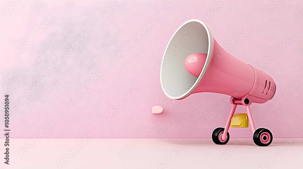 Leinwandbilder Striking 3D digital rendering of a bold megaphone with a large speech bubble set against a solid pink background creating a dynamic and eye catching visual for announcements alerts