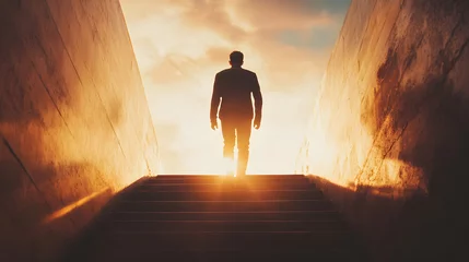 silhouette of man walking up stairs towards bright light, evoking hope and determination