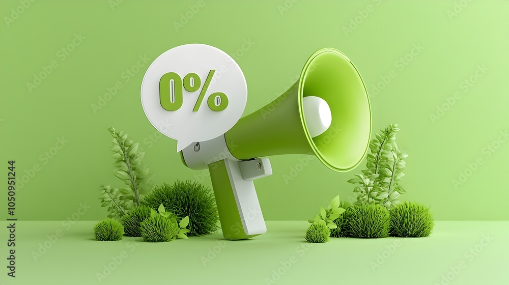 Poster a 3d digital megaphone with a speech bubble featuring a bold percent symbol set against a bright gre