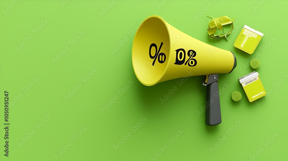 Aufkleber Attention grabbing 3D of a bold percent symbol featured inside a speech bubble attached to a megaphone set against a bright green solid background perfect for advertising marketing