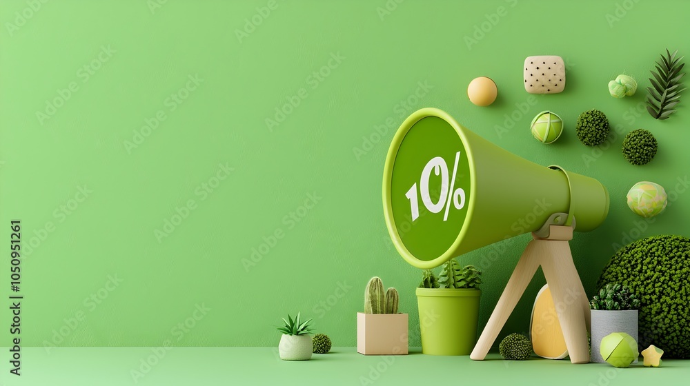 Aufkleber striking 3d megaphone with a speech bubble featuring a bold percentage symbol set against a bright g