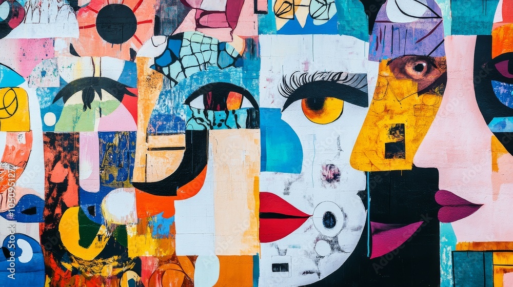 Poster an impactful image of inclusive art, showing a mural with contributions from artists of different ba