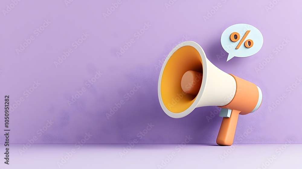 Leinwandbilder minimalist 3d design of a megaphone with a speech bubble and percentage symbol hovering on a solid p