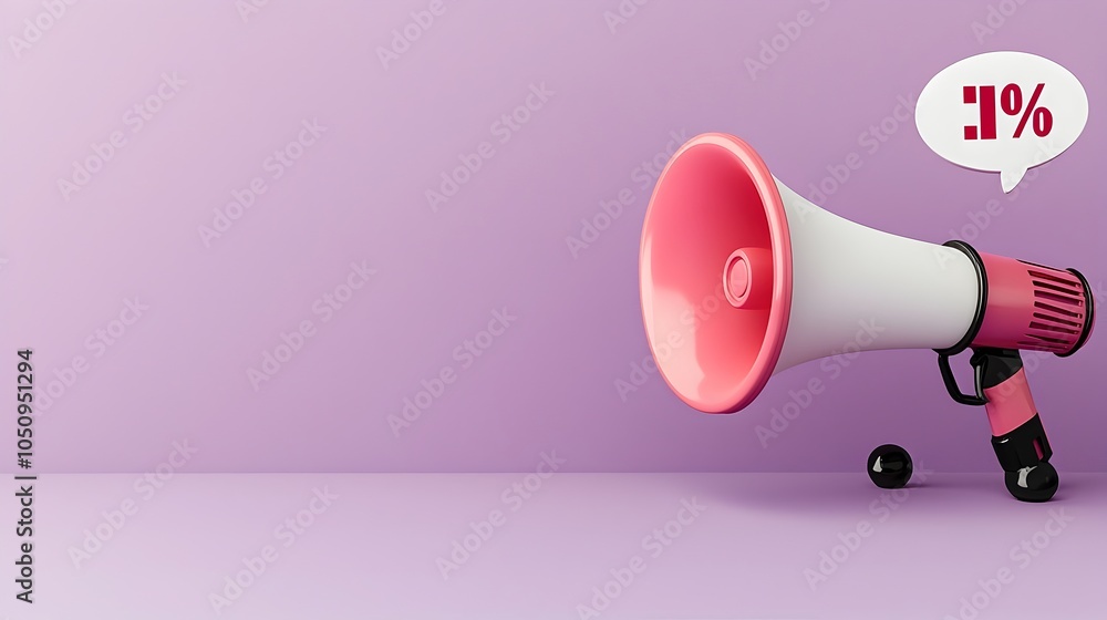 Poster minimalist 3d design of a megaphone with a speech bubble and percentage symbol hovering on a solid p