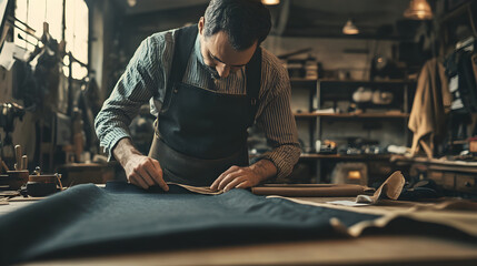Tailor measuring fabric at workbench in atelier, focused on details