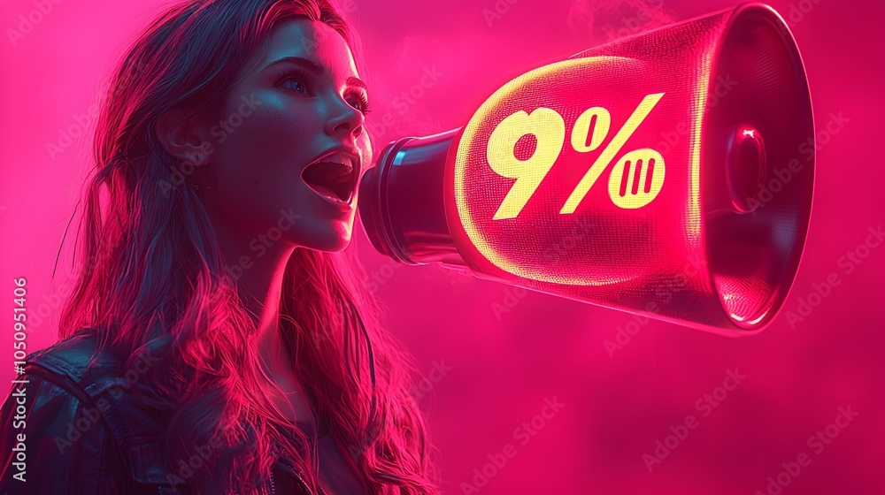 Poster Megaphone projecting a speech bubble with a glowing percentage sign in a dynamic 3D rendering set against a solid pink background  This image represents technology communication marketing