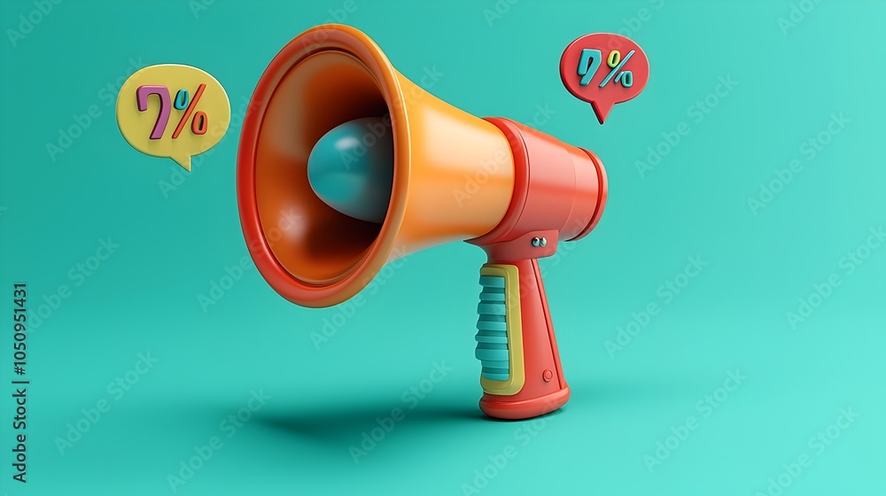 Poster vibrant and eye catching 3d of a megaphone emitting a speech bubble with a colorful percentage sign 