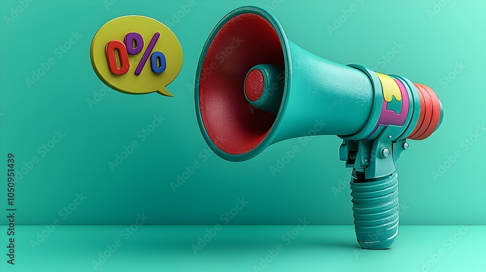 Poster vibrant 3d megaphone design with a bold speech bubble and a colorful percent sign set against a brig