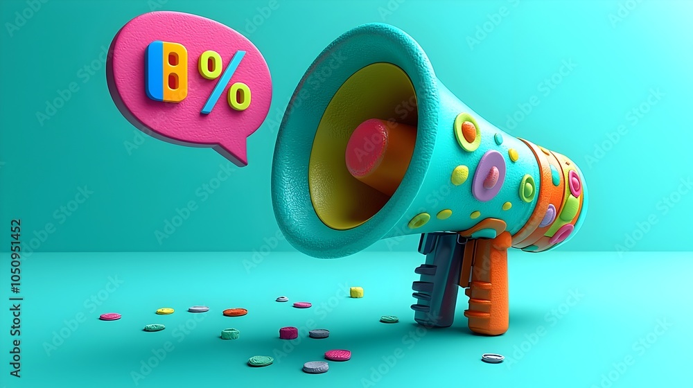 Poster playful 3d megaphone emitting a speech bubble and a colorful percent sign set on a bright solid teal