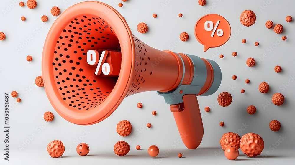 Poster 3D rendering of a megaphone with a floating percent symbol inside a speech bubble on a clean white background designed for minimalistic sale discount and promotion visuals