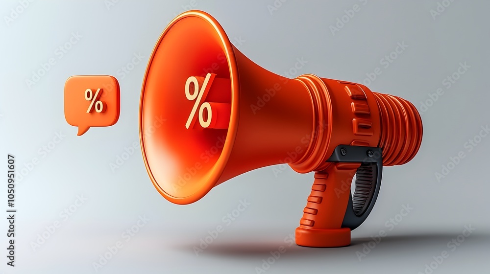 Poster 3d megaphone and floating percentage symbol on a clean white background designed for minimalistic an
