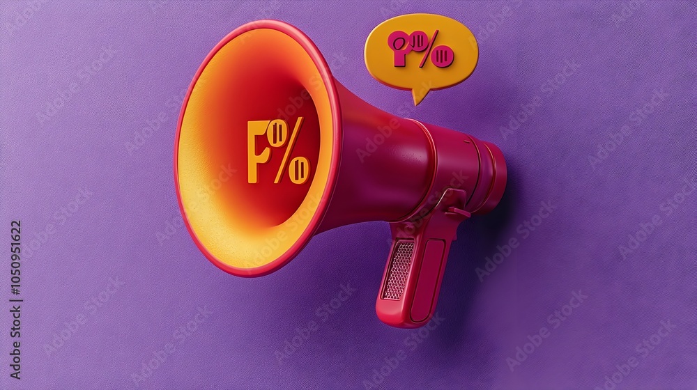 Aufkleber Bold 3D rendering of a megaphone with a speech bubble and a percentage symbol floating on a solid purple background perfect for highlighting limited time offers sales discounts