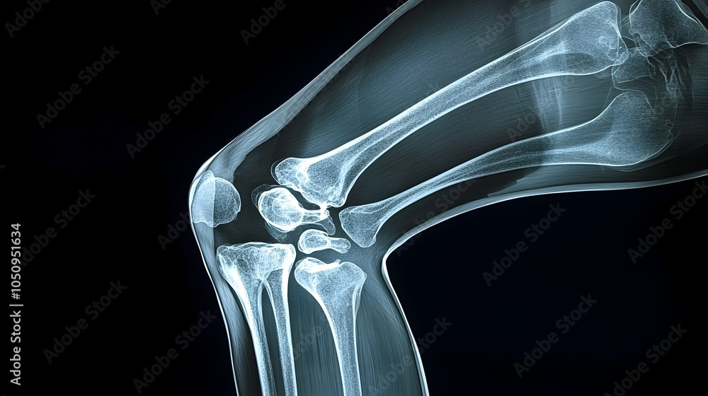 Poster dramatic close up view of a left knee x ray on a male figure against a dark background creating a st