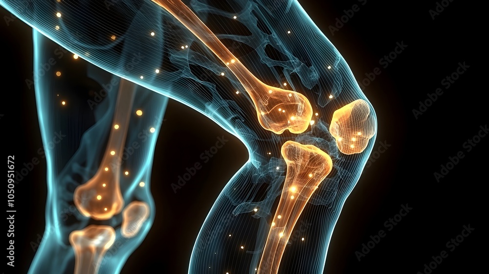 Aufkleber Detailed 3D rendering of a man s left knee x ray with glowing bones and a dark background highlighting the intricate structure and components of the human knee joint for medical healthcare