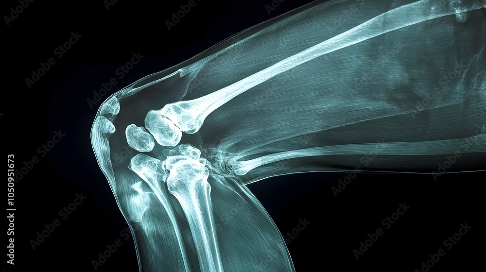 Poster dramatic close up x ray image of a male left knee against a dark background creating a high contrast