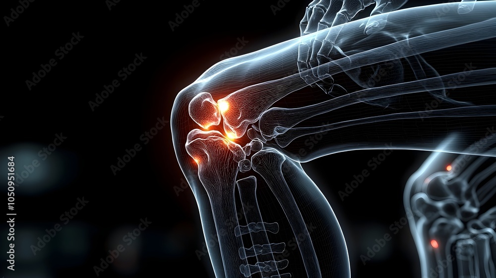 Poster Detailed 3D rendering of a man s left knee x ray with glowing bones on a dark background highlighting the intricate structure of the joint for medical and healthcare themes