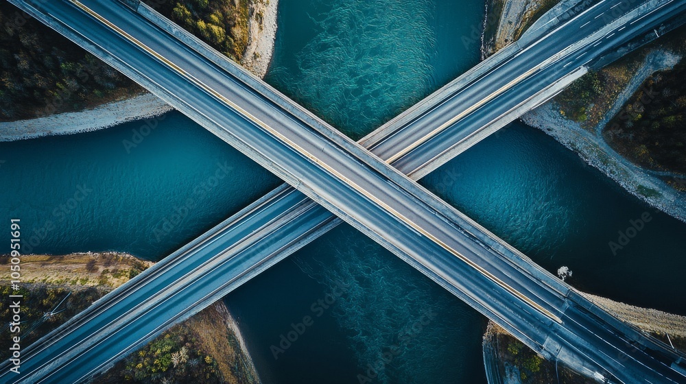 Aufkleber An impactful image of multiple bridges spanning over a river with different textures and colors, Connecting diverse lands and communities, minimalist style