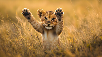 Obraz premium Playful lion cub raising paws in tall grass, exuding joy and curiosity