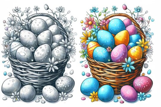 Zwei Osterk&ouml;rbe: einer in Schwarz-Wei&szlig; mit dekorativen Mustern, der andere in leuchtenden Farben mit Blumen und bunten Eiern &ndash; ideal f&uuml;r Malvorlagen und kreative Osterideen. Generative KI.