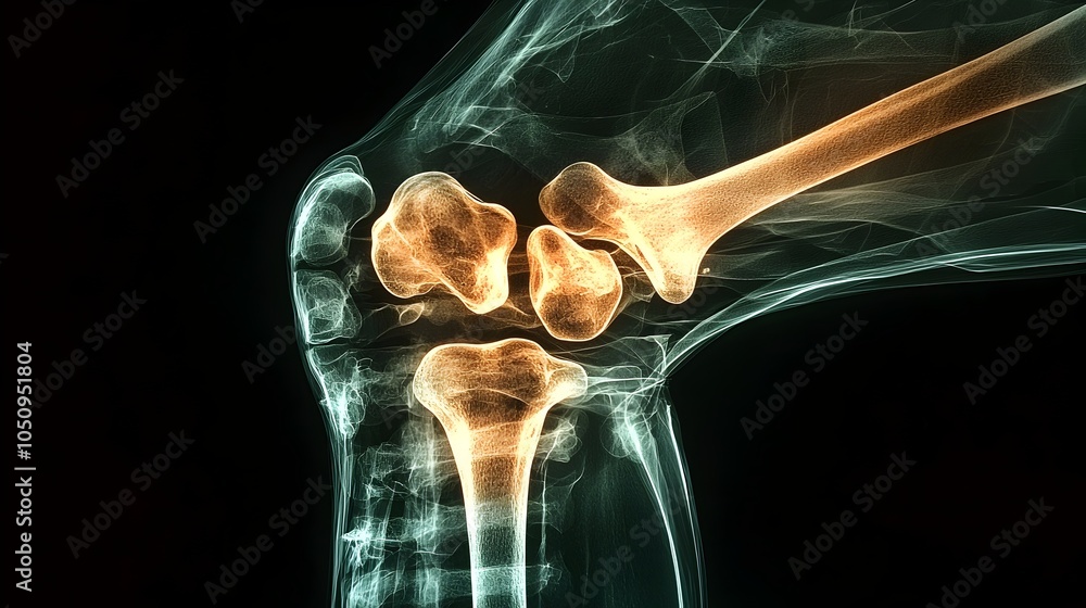 Poster detailed x ray overlay of a man s left knee anatomy showcasing the intricate skeletal structure and 
