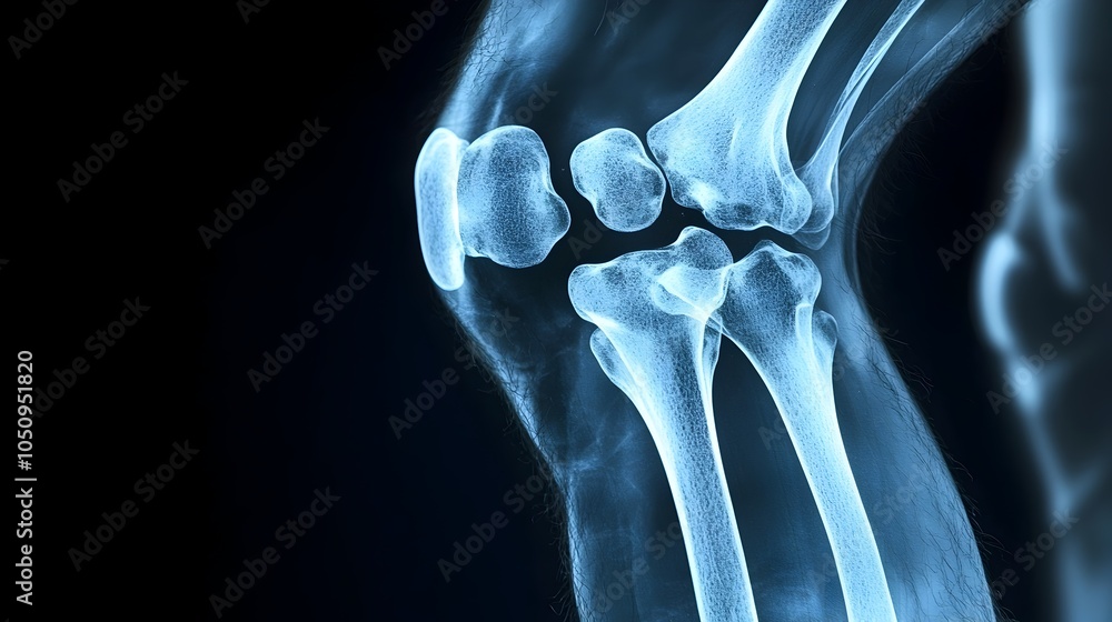 Poster focused and highly detailed x ray image of a male knee showcasing the skeletal structure and bones i