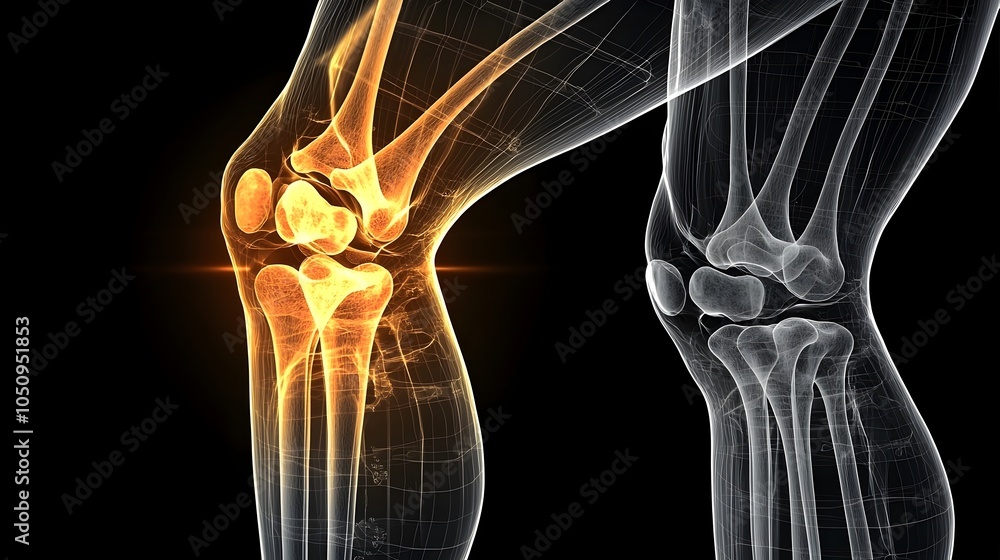 Poster bright x ray overlay image showcasing the detailed anatomy of a man s left knee with bones standing 