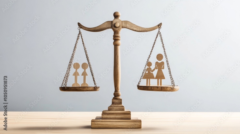 Poster an impactful image of social justice, featuring a large, balanced scale with diverse symbols of equa