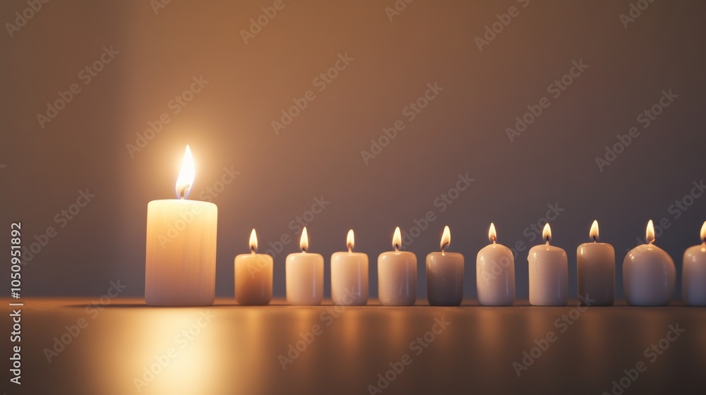 Poster an impactful portrayal of a single candle lighting up a row of unlit candles of different sizes and 
