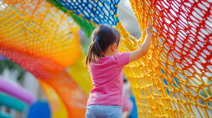 child playing in vibrant playground, climbing colorful nets with joy