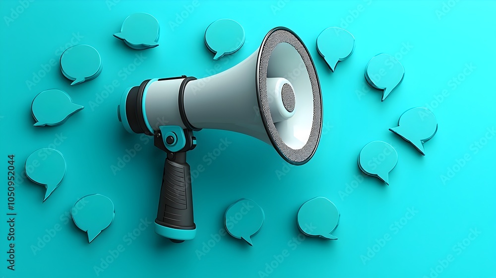 Aufkleber Vibrant 3D Megaphone Surrounded by Colorful Speech Bubbles Depicting Communication and Outreach  Digital Showcasing the Power of Sharing Ideas in a Modern Engaging Way