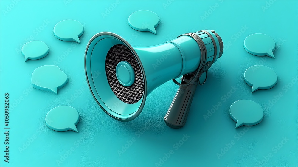 Poster megaphone surrounded by colorful speech bubbles against a bright blue digital backdrop showcasing th
